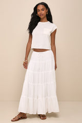 Relaxed Charm White Gauzy Tiered Drawstring Maxi Skirt