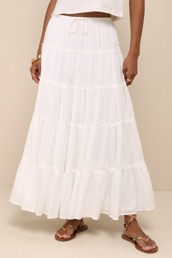 Relaxed Charm White Gauzy Tiered Drawstring Maxi Skirt