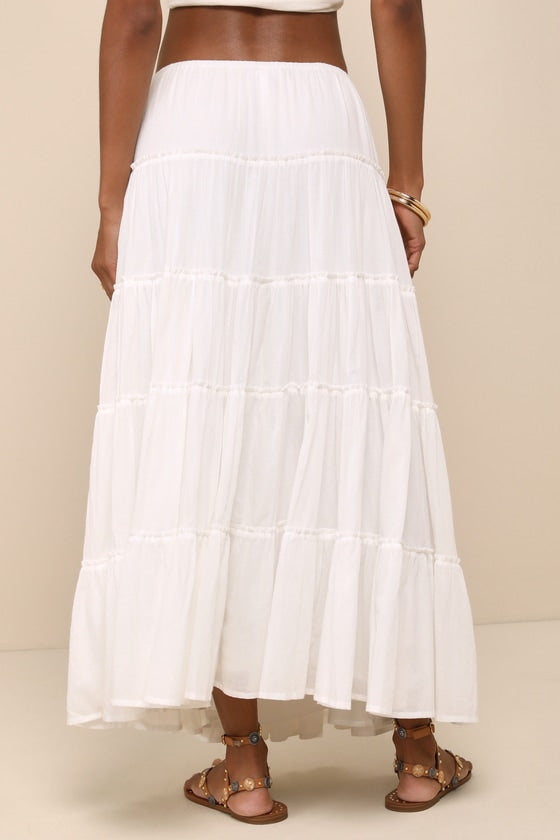 Relaxed Charm White Gauzy Tiered Drawstring Maxi Skirt