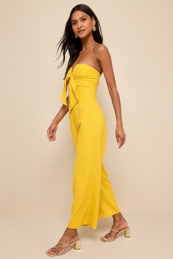 Sunshine Aura Mustard Yellow Tie-Front Strapless Jumpsuit