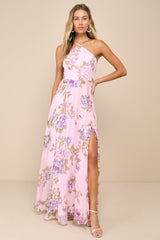 Romantic Marvel Light Pink Floral Print Halter Neck Maxi Dress