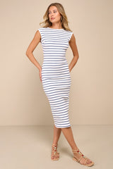 Chic Existence Ivory and Blue Striped Backless Midi Dress