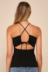 Summery Ideal Black Ribbed Cross-Front Cutout Halter Top