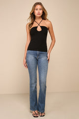 Summery Ideal Black Ribbed Cross-Front Cutout Halter Top