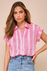 Easily Effortless Pink Textured Burnout Button-Up Top