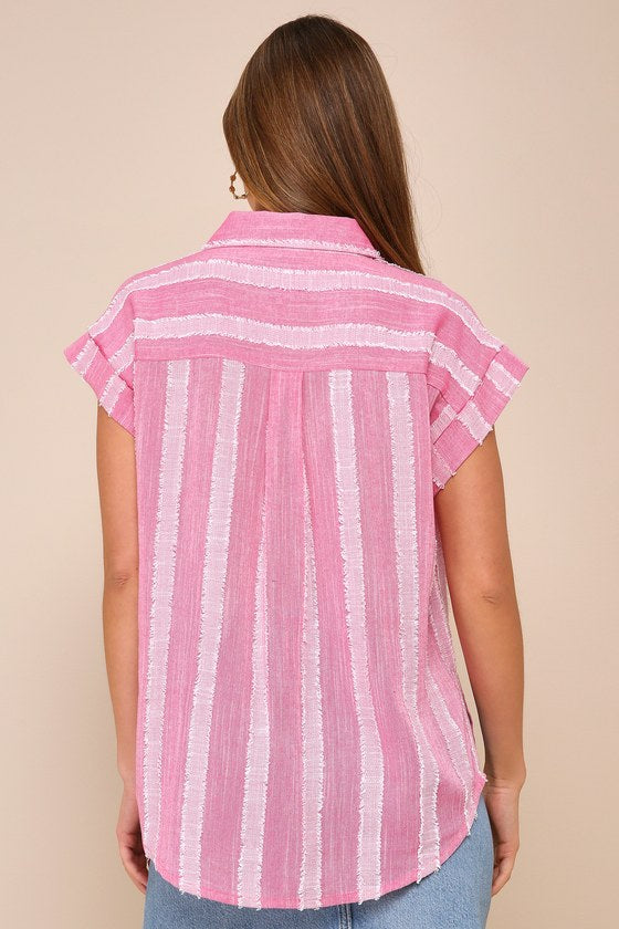 Easily Effortless Pink Textured Burnout Button-Up Top
