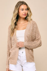 Evening Sweetie Tan Loose Crochet Sheer Cardigan Sweater