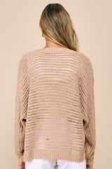 Evening Sweetie Tan Loose Crochet Sheer Cardigan Sweater