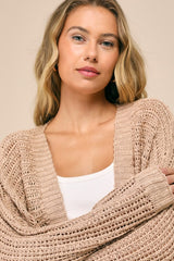 Evening Sweetie Tan Loose Crochet Sheer Cardigan Sweater