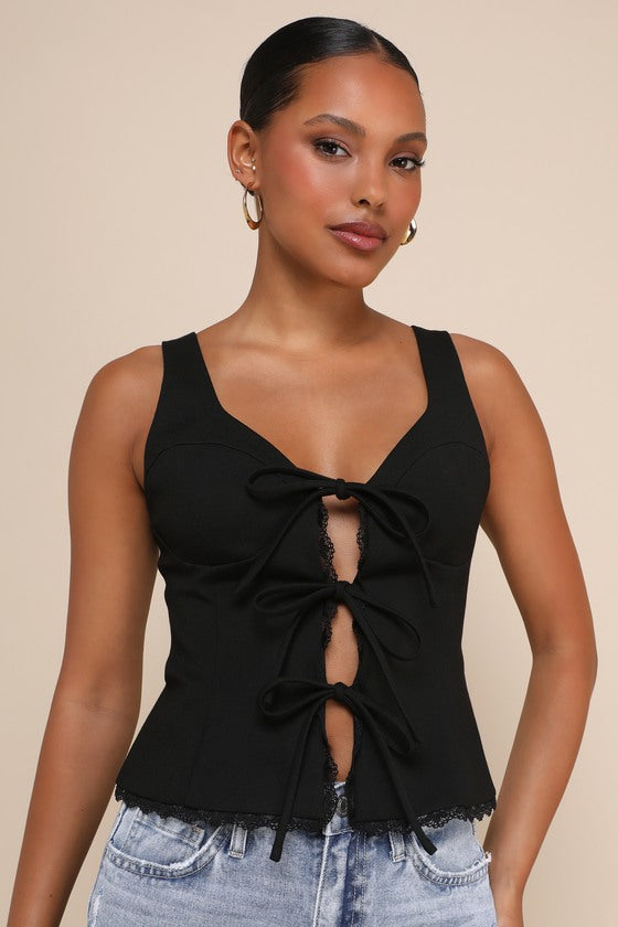 Sweetly Coy Black Sleeveless Bustier Tie-Front Top