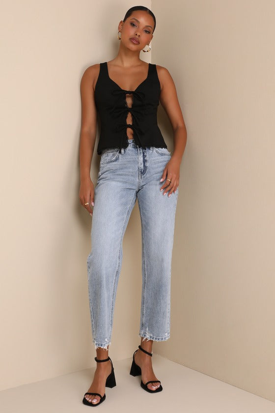 Sweetly Coy Black Sleeveless Bustier Tie-Front Top
