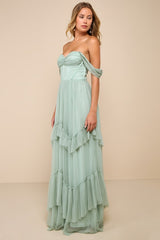 Stunning Personality Sage Green Mesh Off-the-Shoulder Maxi Dress