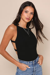 Stunning Pursuit Black Bow Backless Sleeveless Bodysuit