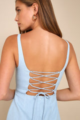 Adorable Concept Blue Lace-Up Backless Drop Waist Mini Dress