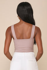To Be True Ribbed Taupe Asymmetrical Sleeveless Bodysuit