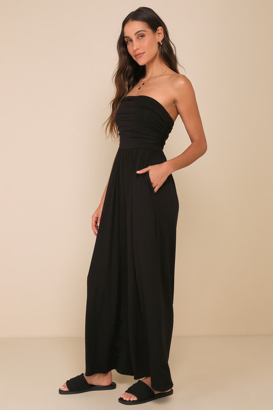 Flirty Posture Black Jersey Knit Strapless Jumpsuit