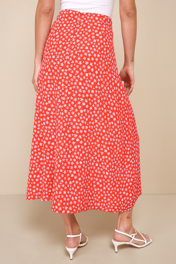 Cute Desires Red Ditsy Floral Print High-Rise Midi Skirt