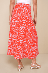 Cute Desires Red Ditsy Floral Print High-Rise Midi Skirt