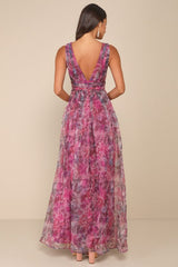 Garden Romance Magenta Floral Print Organza Maxi Dress