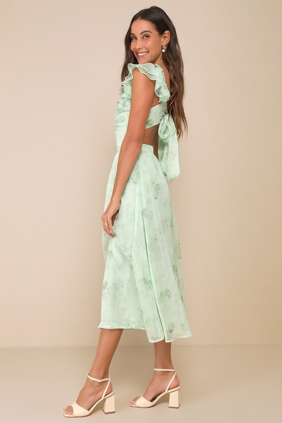 Loveliest Darling Light Green Floral Ruffled Tie-Back Midi Dress