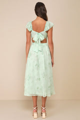 Loveliest Darling Light Green Floral Ruffled Tie-Back Midi Dress