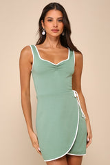 Adorable Decision Sage Green Sleeveless Faux-Wrap Mini Dress