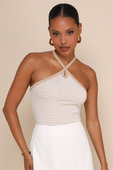 Delightful Pose Beige Striped Ribbed Knit Keyhole Halter Top