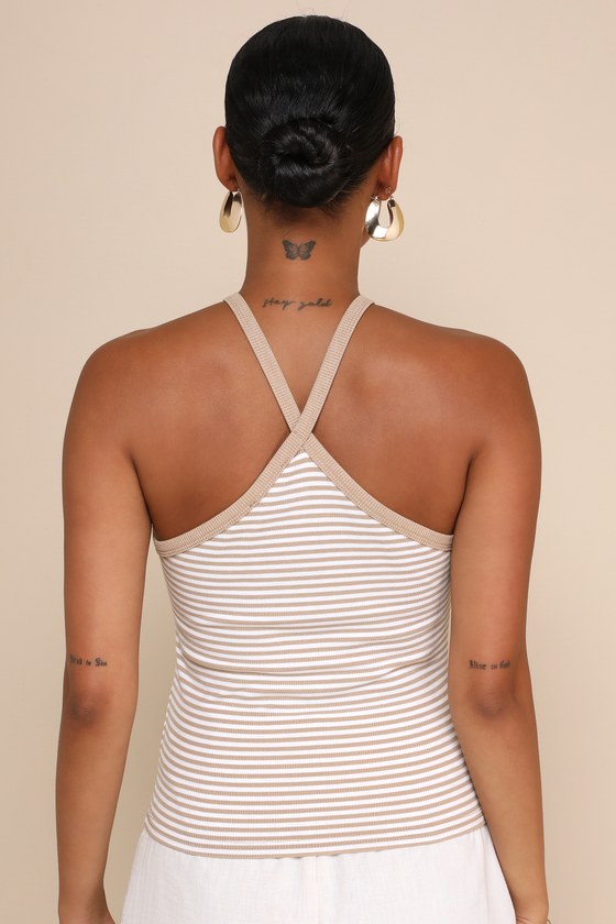 Delightful Pose Beige Striped Ribbed Knit Keyhole Halter Top