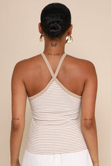 Delightful Pose Beige Striped Ribbed Knit Keyhole Halter Top