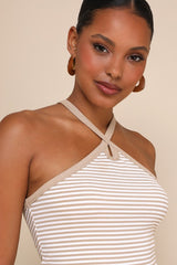 Delightful Pose Beige Striped Ribbed Knit Keyhole Halter Top