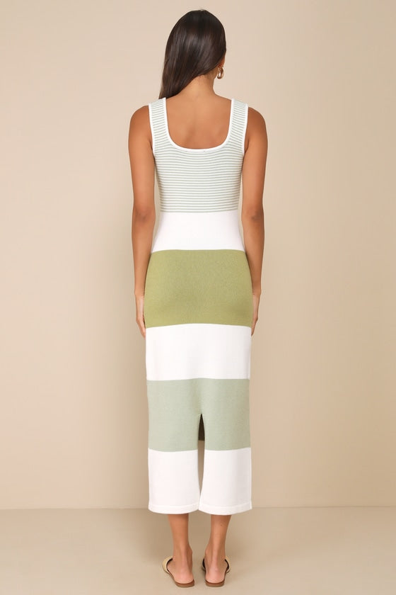 Easily Gorgeous Ivory and Sage Green Striped Midi Sweater Dress