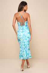 Total Crush Teal Floral Print Mesh Lace-Up Midi Dress