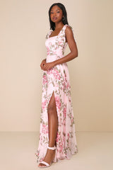 Love Me Forever Pink Floral Square Neck Maxi Dress