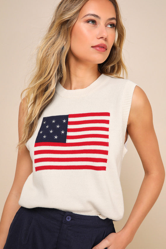 Stylish Liberty Ivory American Flag Knit Crew Neck Sweater Vest