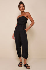 Flawless Comfort Black Ruched Strapless Jogger Jumpsuit