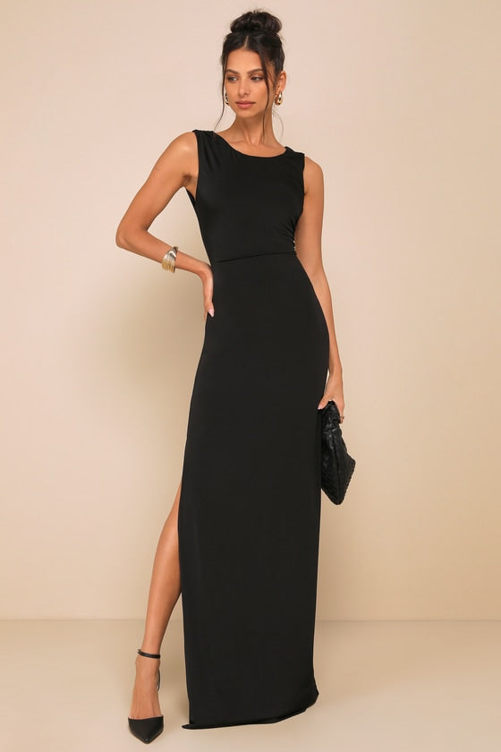 Significant Allure Black Slinky Knit Ruched Maxi Dress