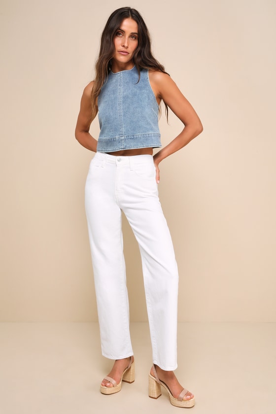 Popular Cutie Light Wash Denim Sleeveless Crop Top
