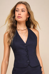 Poised Picture Navy Blue Linen Button-Front Halter Vest Top