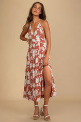 Follow the Summer Orange Floral Print Halter Midi Dress