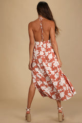 Follow the Summer Orange Floral Print Halter Midi Dress