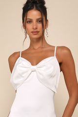Extravagantly Sleek White Satin Sleeveless Bow Midi Dress