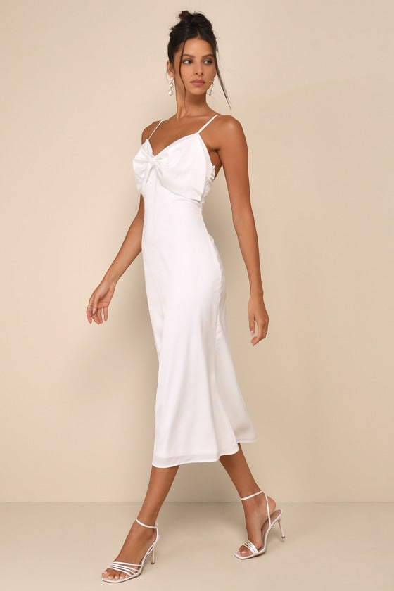 Extravagantly Sleek White Satin Sleeveless Bow Midi Dress
