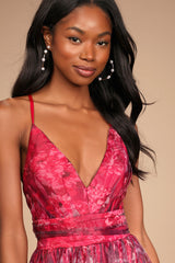 Romance That Wows Magenta Floral Print Organza Maxi Dress