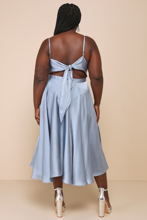 Days Like Today Blue Satin Asymmetrical Tie-Back Midi Dress