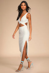 Divide and Contour White Ribbed Cutout Bodycon Midi Dress