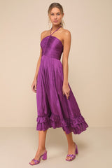 Pleasing Chicness Purple Satin Halter Tiered Midi Dress