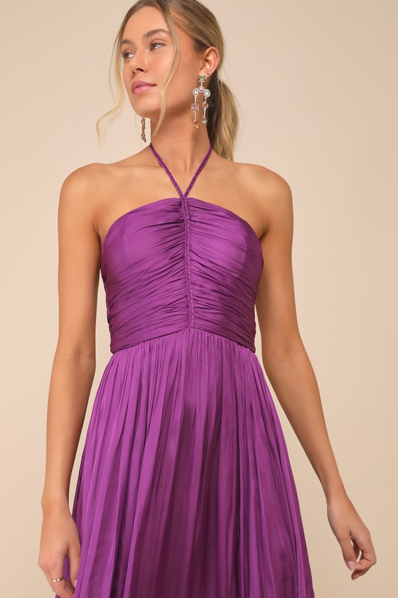 Pleasing Chicness Purple Satin Halter Tiered Midi Dress