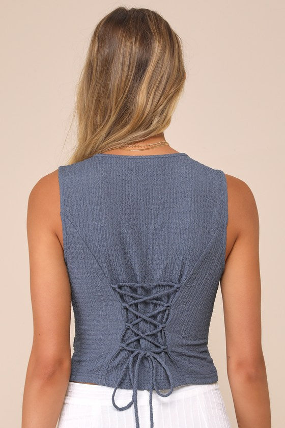 True Charm Dark Blue Textured Lace-Up Sleeveless Vest Top