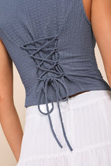 True Charm Dark Blue Textured Lace-Up Sleeveless Vest Top