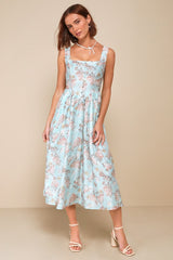 Darling Adoration Light Blue Floral Midi Dress With Pockets